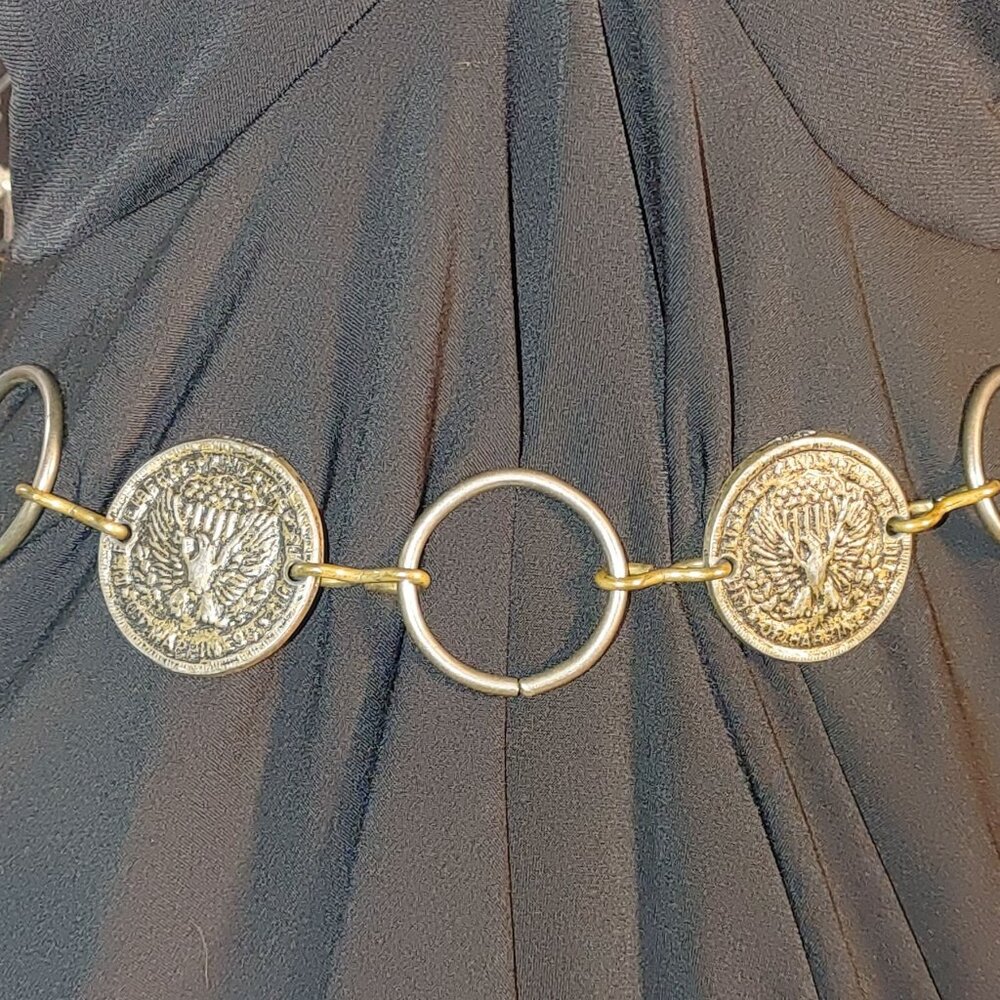Coin Medallion Belt 40 Inch Adjustable Vintage Linked 2 Inch Rings Eagle Winged